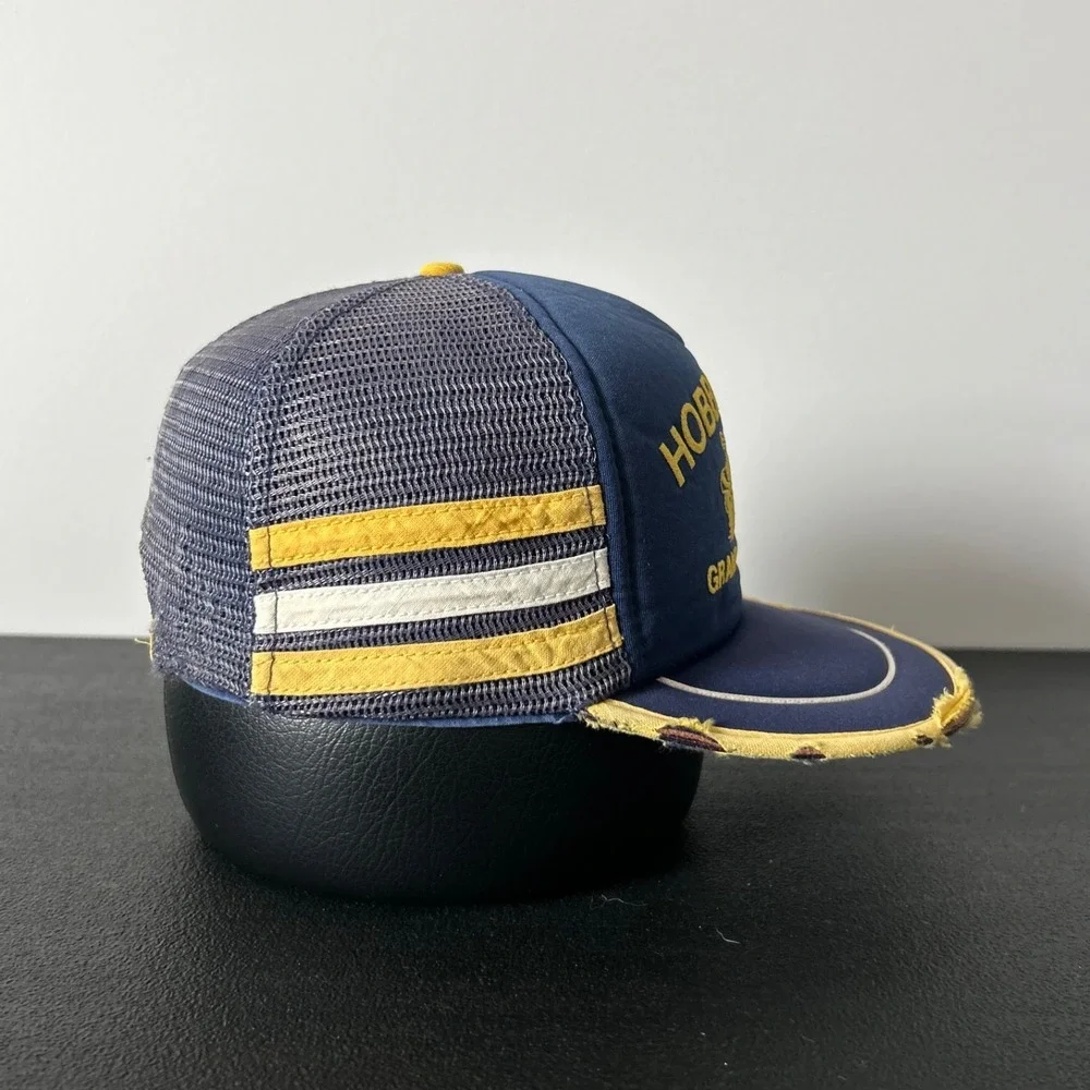 Vintage 80s Hobby World 3 Stripe Trucker Hat Cap Snap Back Adjustable Blue GR MI